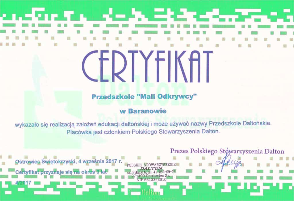 Certyfikat Przedszkola Daltońskiego dla Przedszkola "Mali Odkrywcy" w baranowie